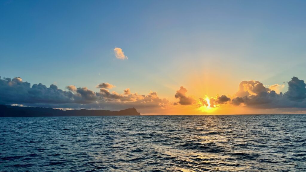 Dawn landfall on Nuku Hiva's Taioha'e Bay.